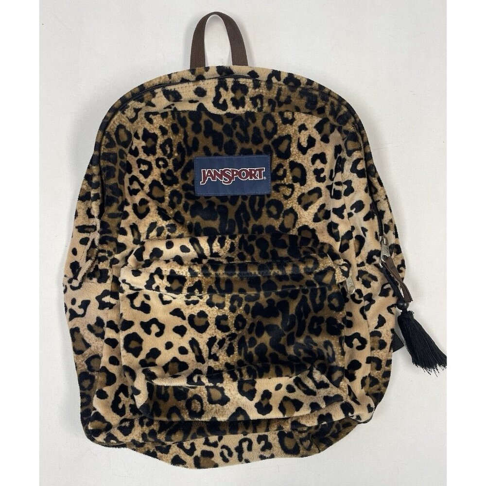 Vintage JanSport High Stakes TRS7 Leopard Animal Print Fuzzy Fabric Backpack
